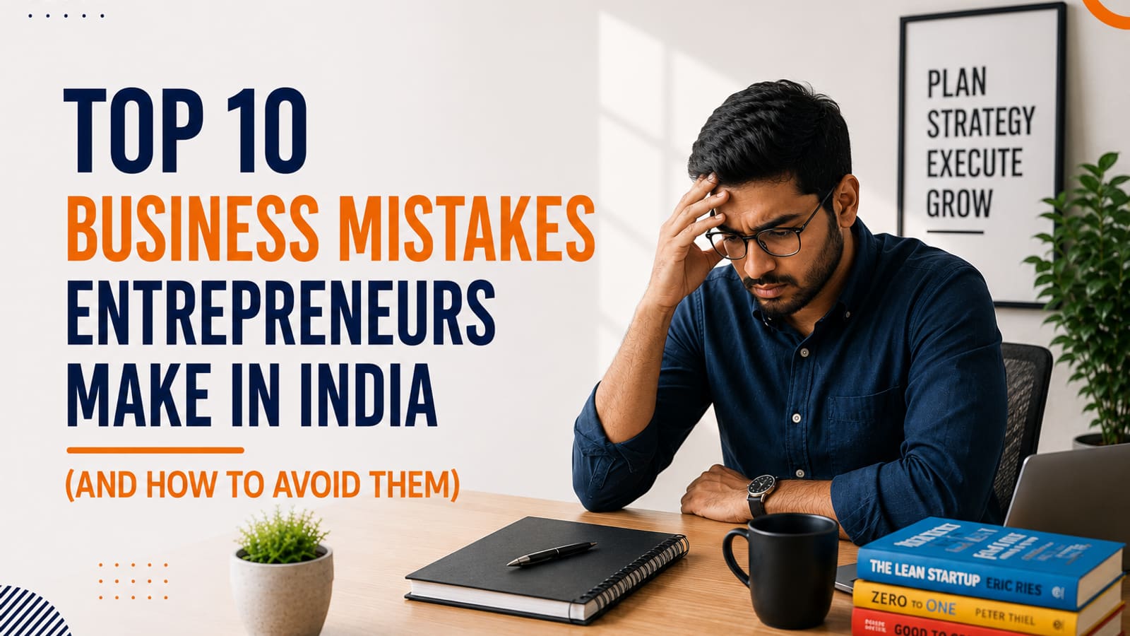 Indian entrepreneur reviewing business mistakes and planning strategy at a desk