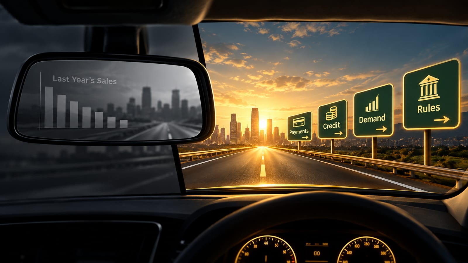 Split view of a business owner reading a rear-view mirror of past sales versus a windshield of future market signals