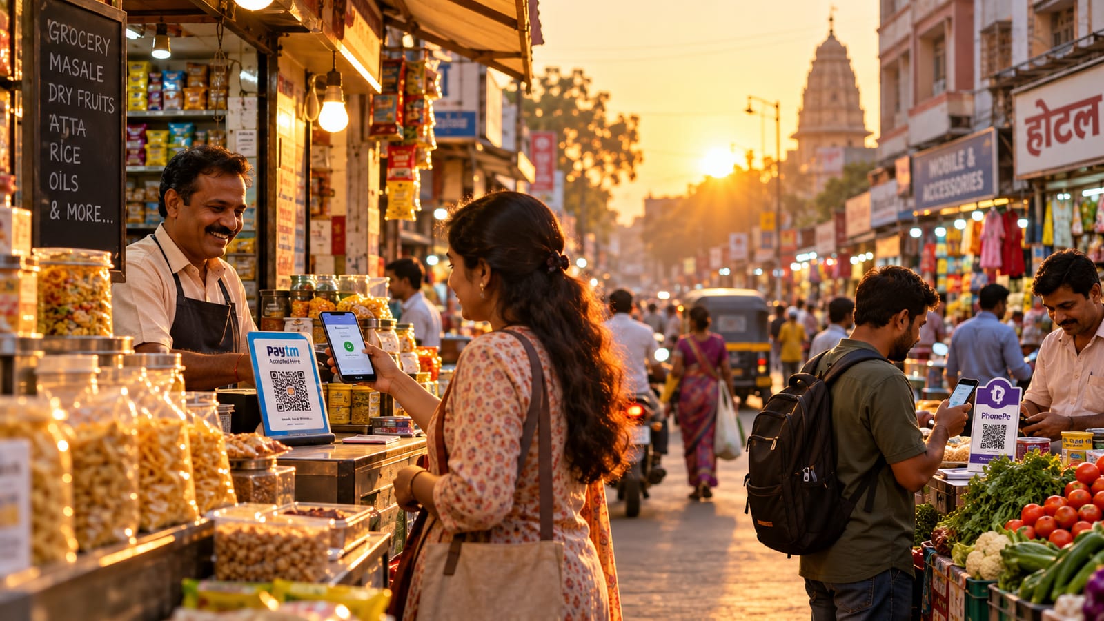 Busy market street in a smaller Indian city with shops accepting digital payments