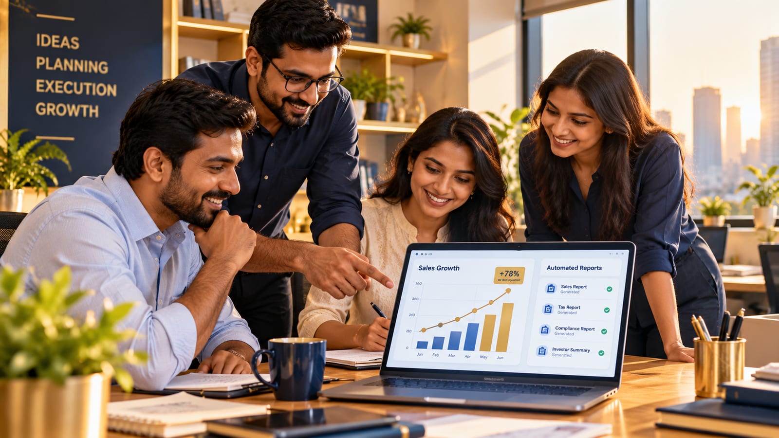 Small business team using simple automation tools and dashboards on laptops