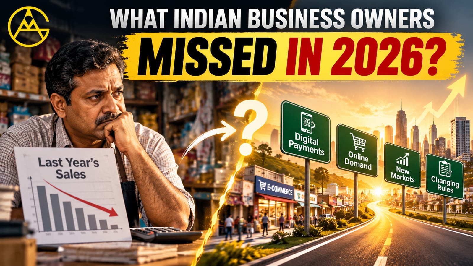 Worried Indian shop owner beside a falling last-year sales chart, facing a road ahead with signs for digital payments, online demand, new markets and changing rules