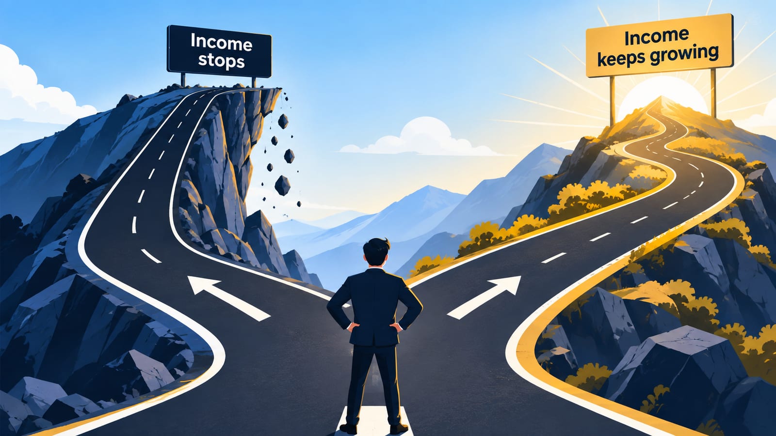 Diagram of two roads: a fast risky quick-money road that ends at a cliff and a steady long-term road that keeps climbing