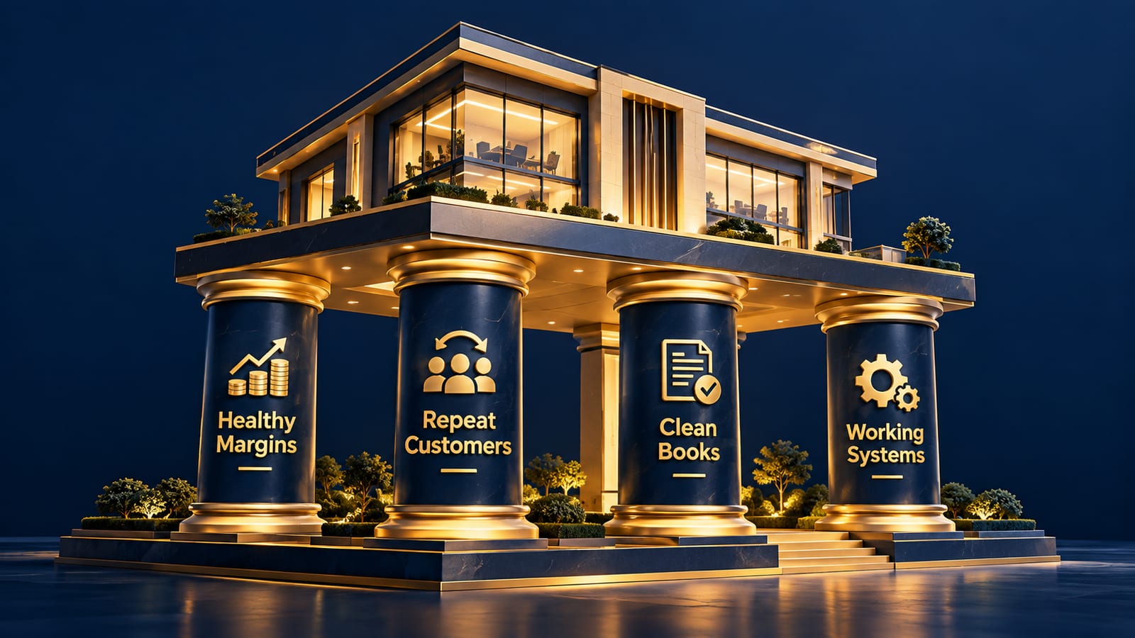 Illustration of a building supported by four pillars labelled healthy margins, repeat customers, clean books and working systems