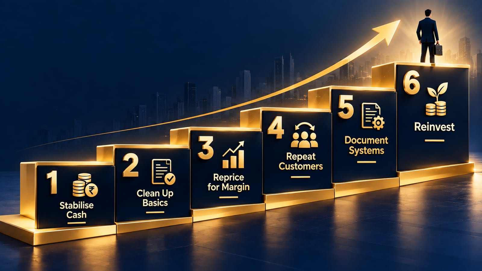 Six-step staircase graphic showing the process from stabilising cash to reinvesting on a schedule