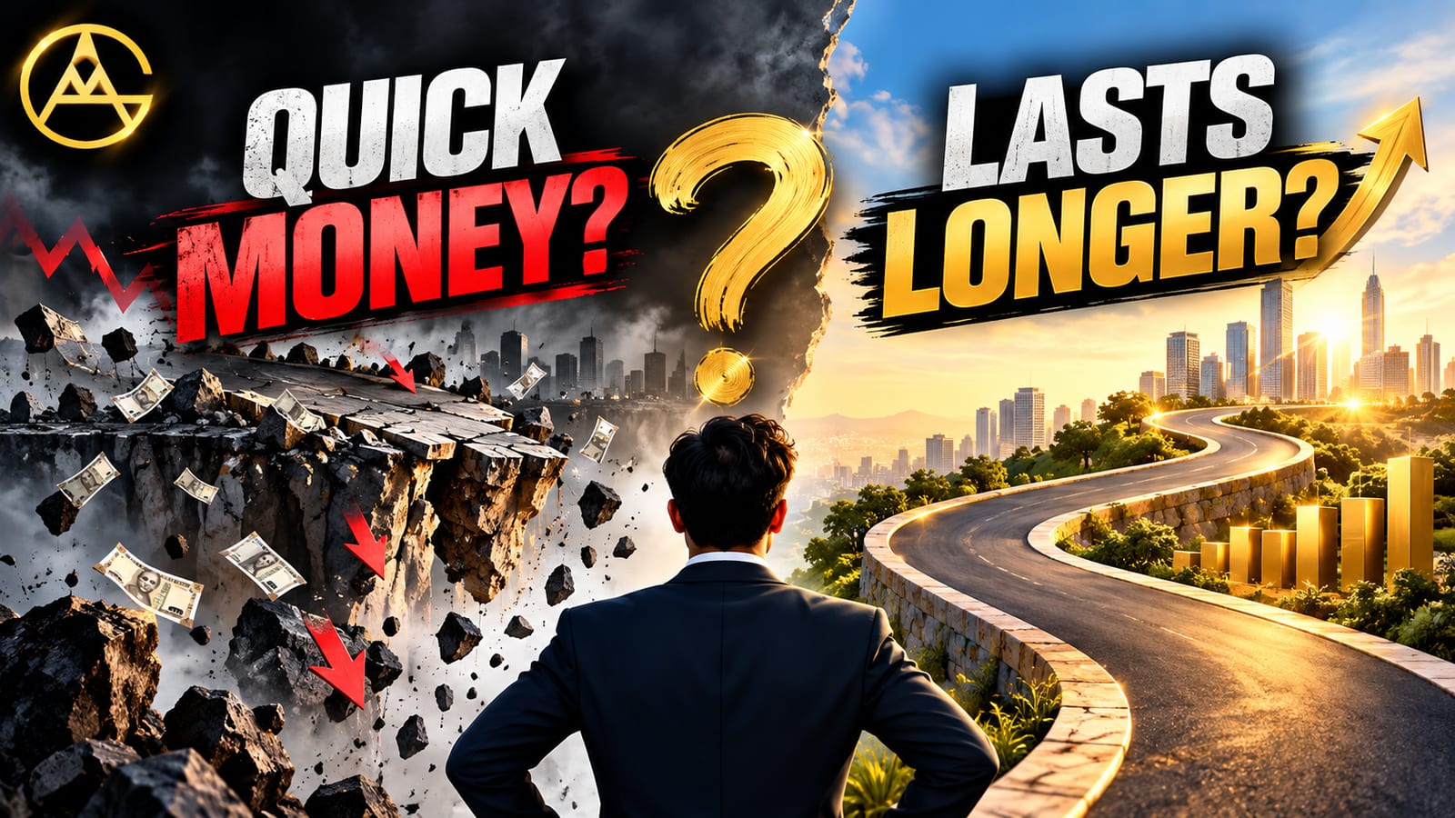Business owner facing a crumbling quick-money cliff on one side and a steady, growing road on the other, asking which path lasts longer